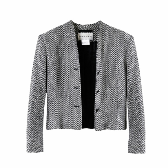 JAEGER Vintage Cropped Blazer Black/White Herringbone Cashmere/Wool Blend US 8 - Picture 4 of 12